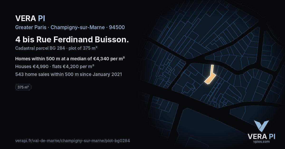 4 bis Rue Ferdinand Buisson, Champigny-sur-Marne at night – the plot lit, the parcels around coloured by the prices near them