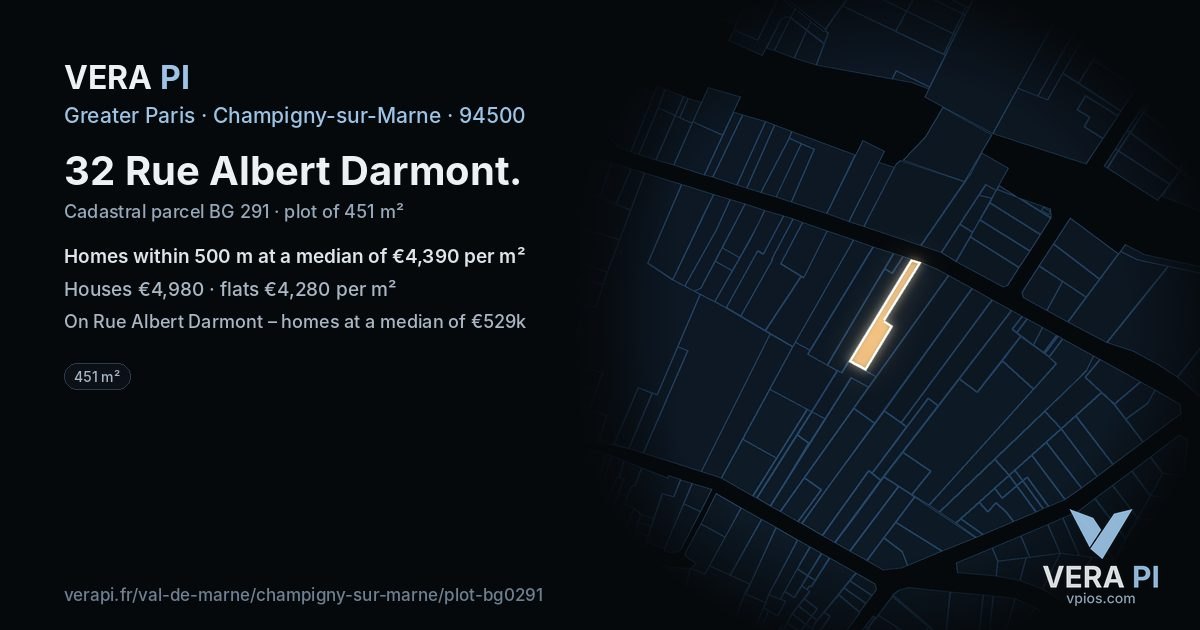32 Rue Albert Darmont, Champigny-sur-Marne at night – the plot lit, the parcels around coloured by the prices near them