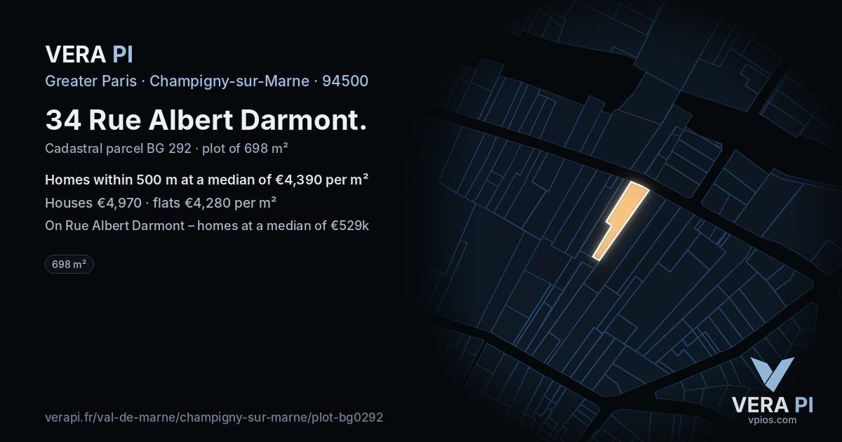 34 Rue Albert Darmont, Champigny-sur-Marne at night – the plot lit, the parcels around coloured by the prices near them