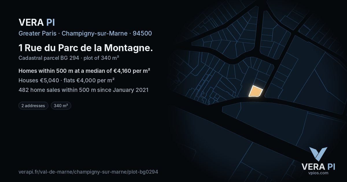 1 Rue du Parc de la Montagne, Champigny-sur-Marne at night – the plot lit, the parcels around coloured by the prices near them