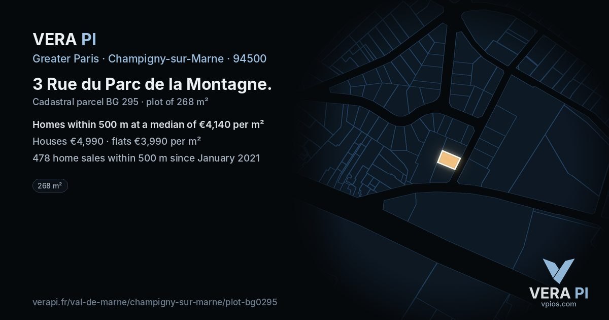3 Rue du Parc de la Montagne, Champigny-sur-Marne at night – the plot lit, the parcels around coloured by the prices near them