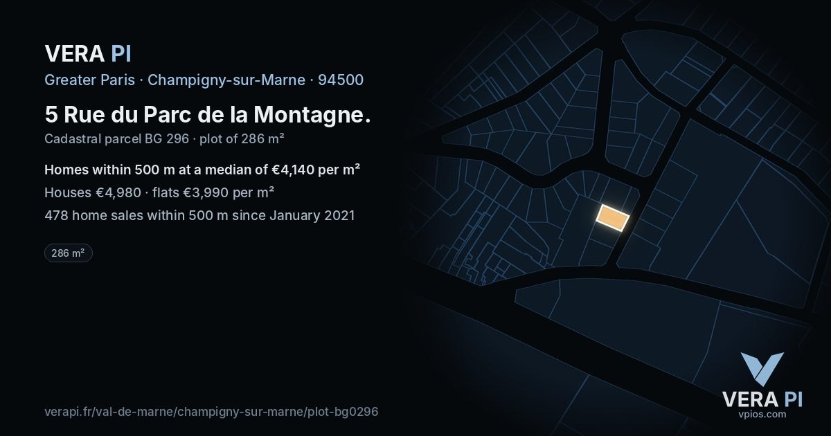 5 Rue du Parc de la Montagne, Champigny-sur-Marne at night – the plot lit, the parcels around coloured by the prices near them