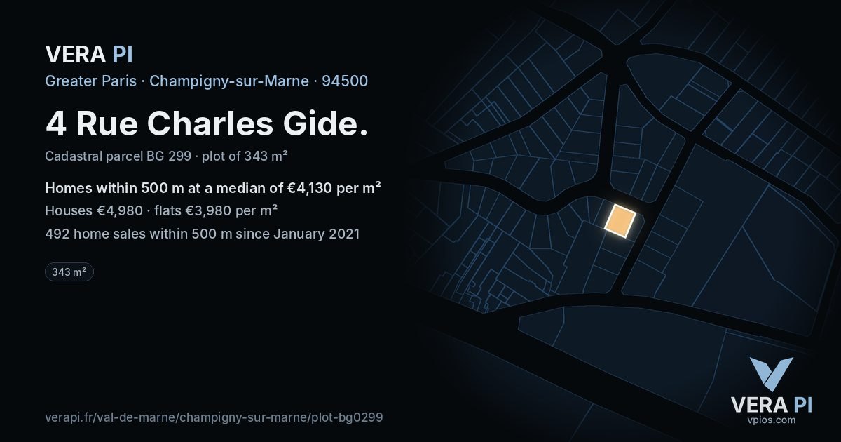 4 Rue Charles Gide, Champigny-sur-Marne at night – the plot lit, the parcels around coloured by the prices near them