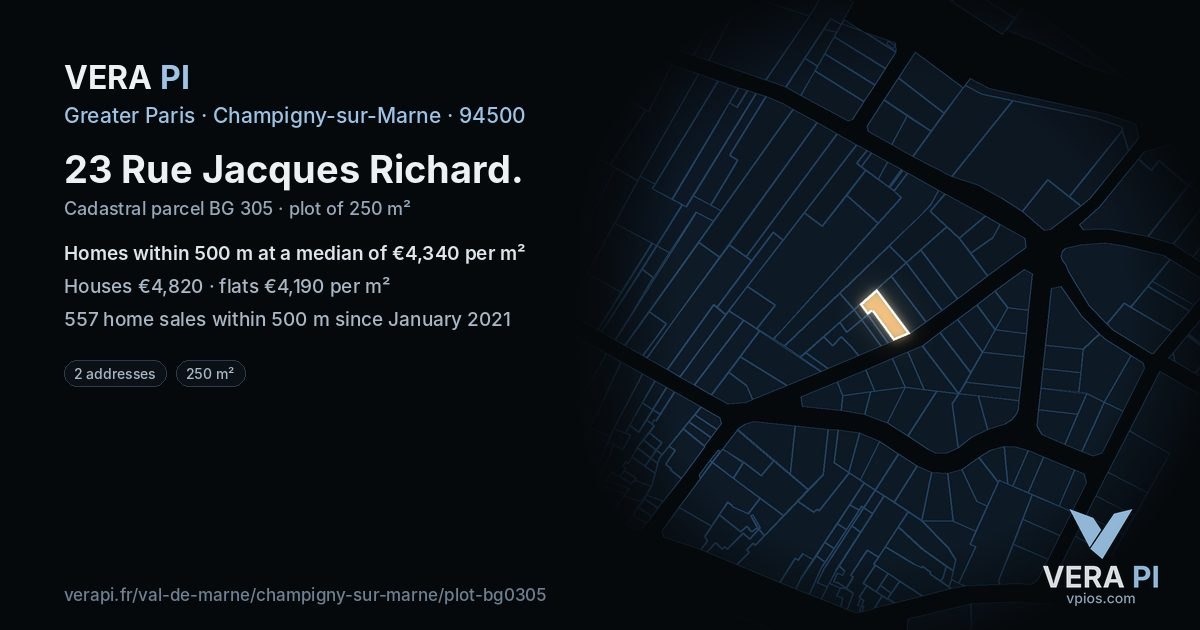 23 Rue Jacques Richard, Champigny-sur-Marne at night – the plot lit, the parcels around coloured by the prices near them