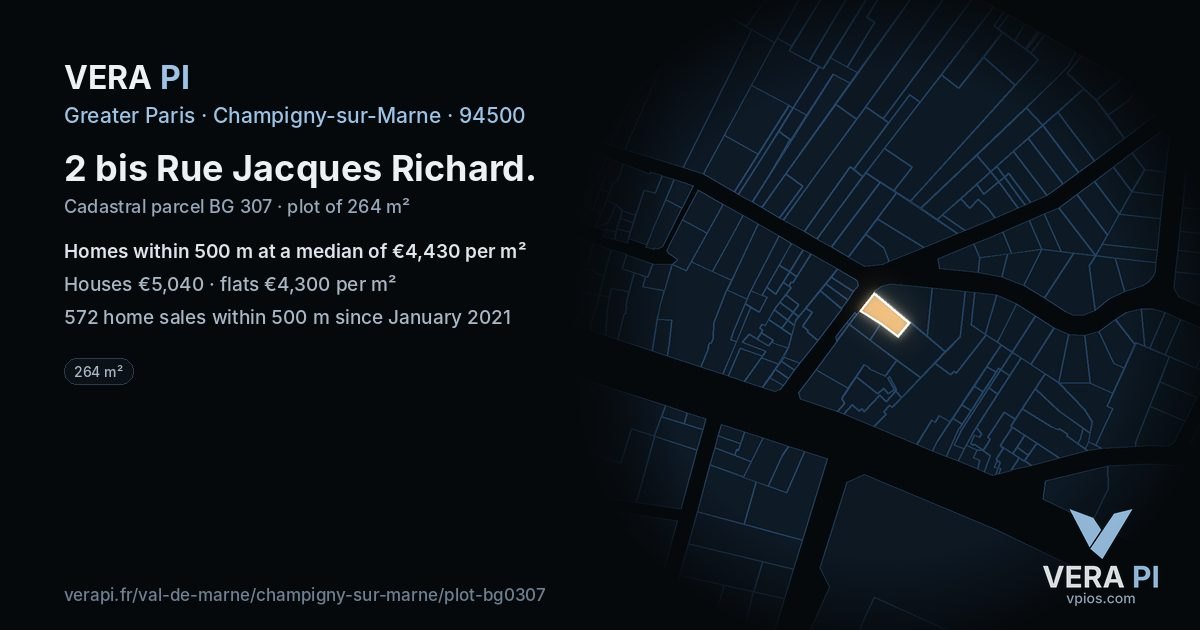 2 bis Rue Jacques Richard, Champigny-sur-Marne at night – the plot lit, the parcels around coloured by the prices near them