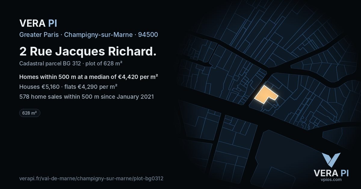 2 Rue Jacques Richard, Champigny-sur-Marne at night – the plot lit, the parcels around coloured by the prices near them