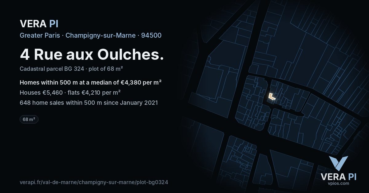 4 Rue aux Oulches, Champigny-sur-Marne at night – the plot lit, the parcels around coloured by the prices near them