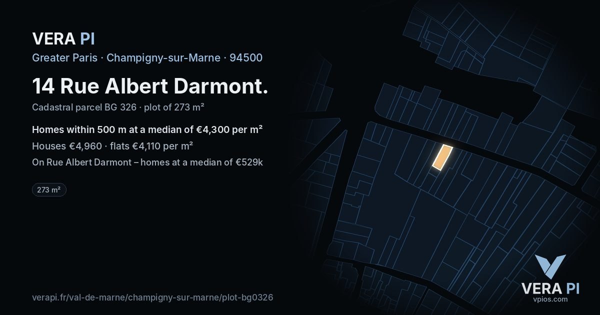 14 Rue Albert Darmont, Champigny-sur-Marne at night – the plot lit, the parcels around coloured by the prices near them