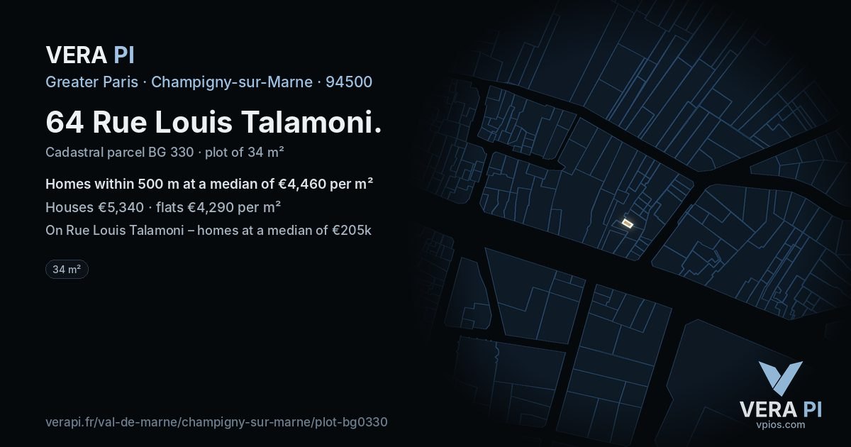 64 Rue Louis Talamoni, Champigny-sur-Marne at night – the plot lit, the parcels around coloured by the prices near them