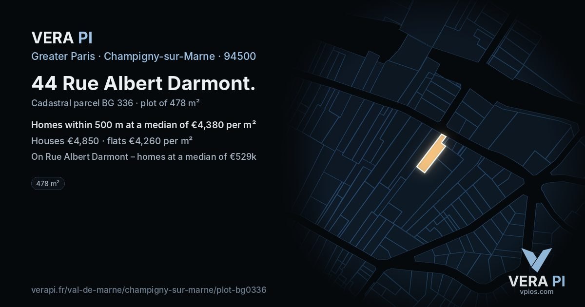 44 Rue Albert Darmont, Champigny-sur-Marne at night – the plot lit, the parcels around coloured by the prices near them