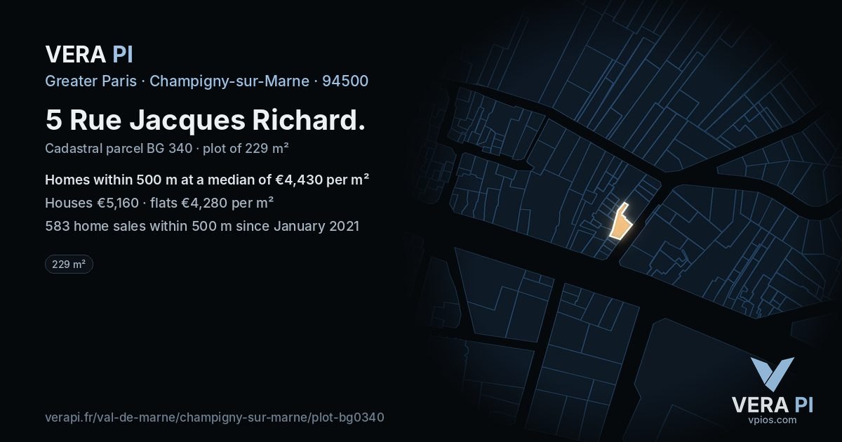 5 Rue Jacques Richard, Champigny-sur-Marne at night – the plot lit, the parcels around coloured by the prices near them