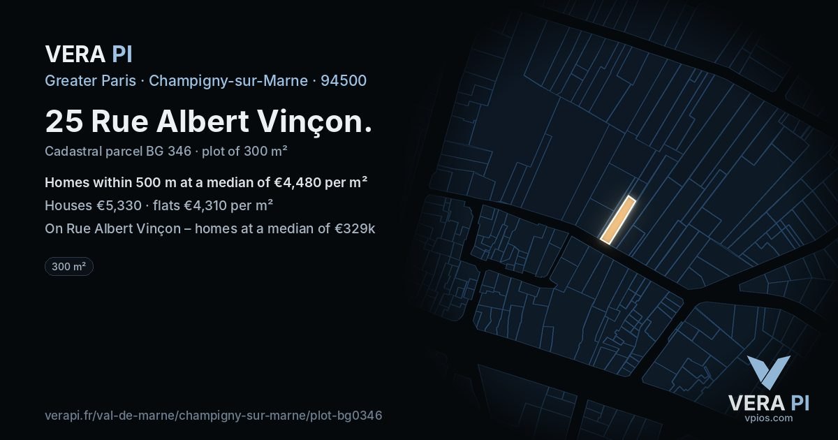 25 Rue Albert Vinçon, Champigny-sur-Marne at night – the plot lit, the parcels around coloured by the prices near them