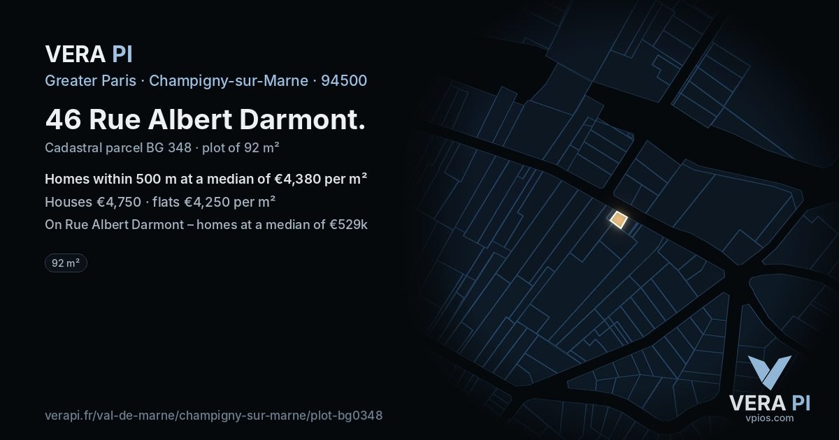 46 Rue Albert Darmont, Champigny-sur-Marne at night – the plot lit, the parcels around coloured by the prices near them