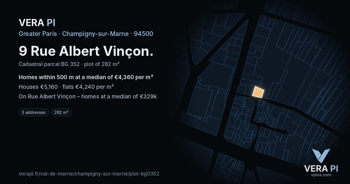 9 Rue Albert Vinçon, Champigny-sur-Marne at night – the plot lit, the parcels around coloured by the prices near them