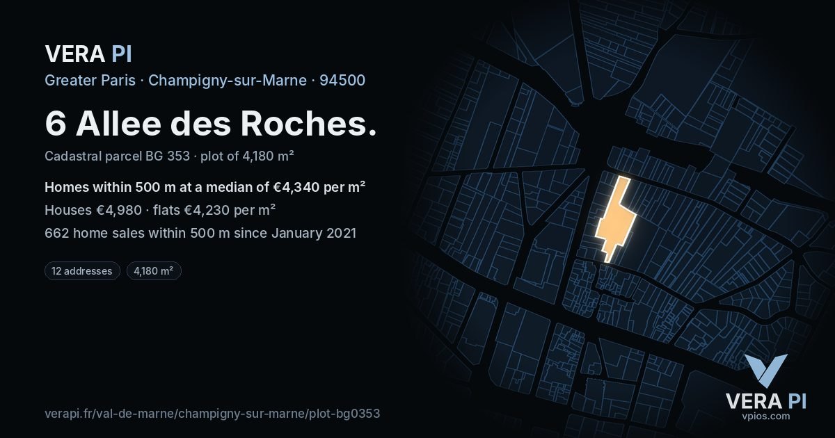 6 Allee des Roches, Champigny-sur-Marne at night – the plot lit, the parcels around coloured by the prices near them