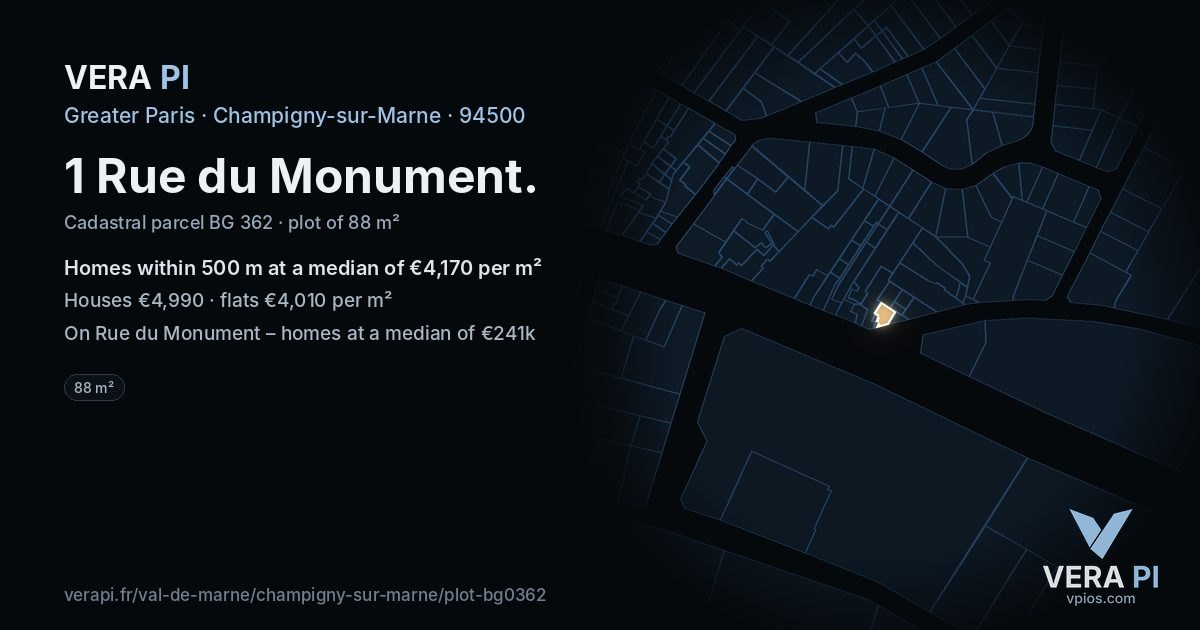1 Rue du Monument, Champigny-sur-Marne at night – the plot lit, the parcels around coloured by the prices near them
