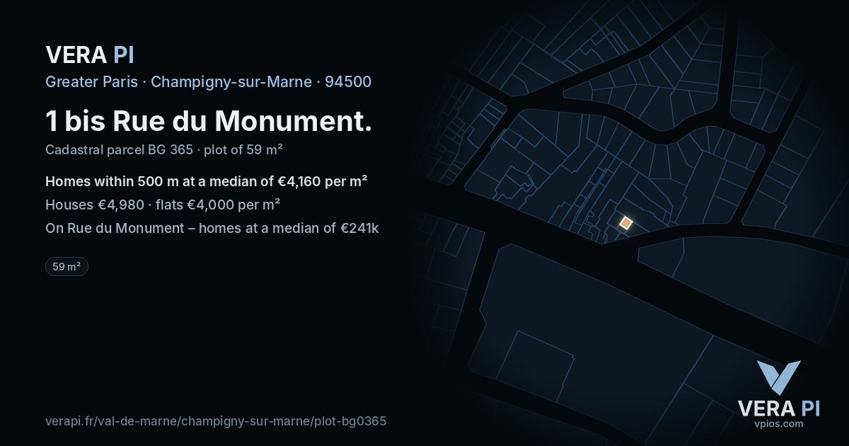 1 bis Rue du Monument, Champigny-sur-Marne at night – the plot lit, the parcels around coloured by the prices near them