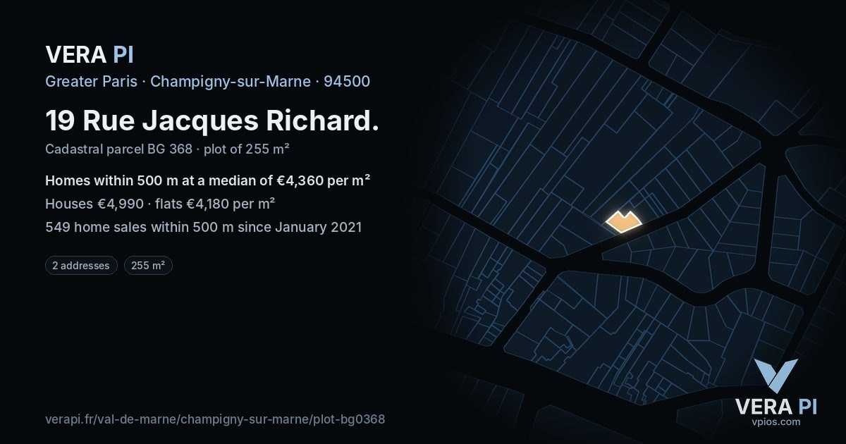 19 Rue Jacques Richard, Champigny-sur-Marne at night – the plot lit, the parcels around coloured by the prices near them