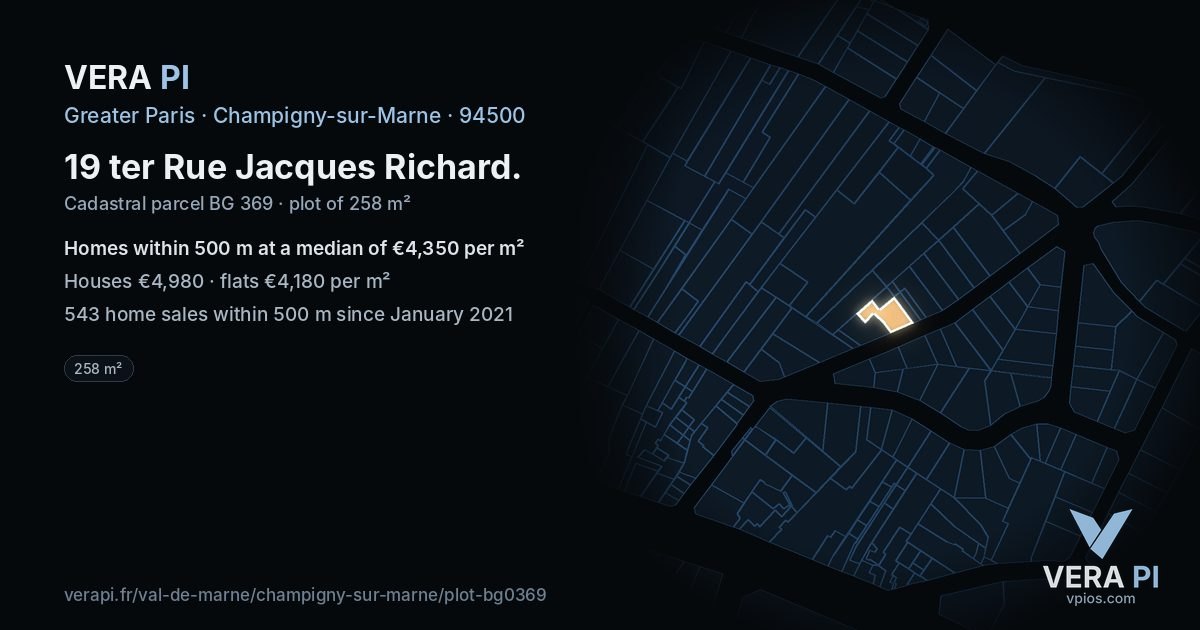 19 ter Rue Jacques Richard, Champigny-sur-Marne at night – the plot lit, the parcels around coloured by the prices near them