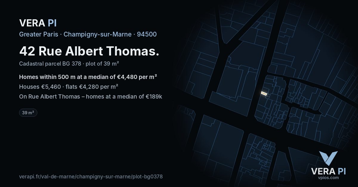 42 Rue Albert Thomas, Champigny-sur-Marne at night – the plot lit, the parcels around coloured by the prices near them