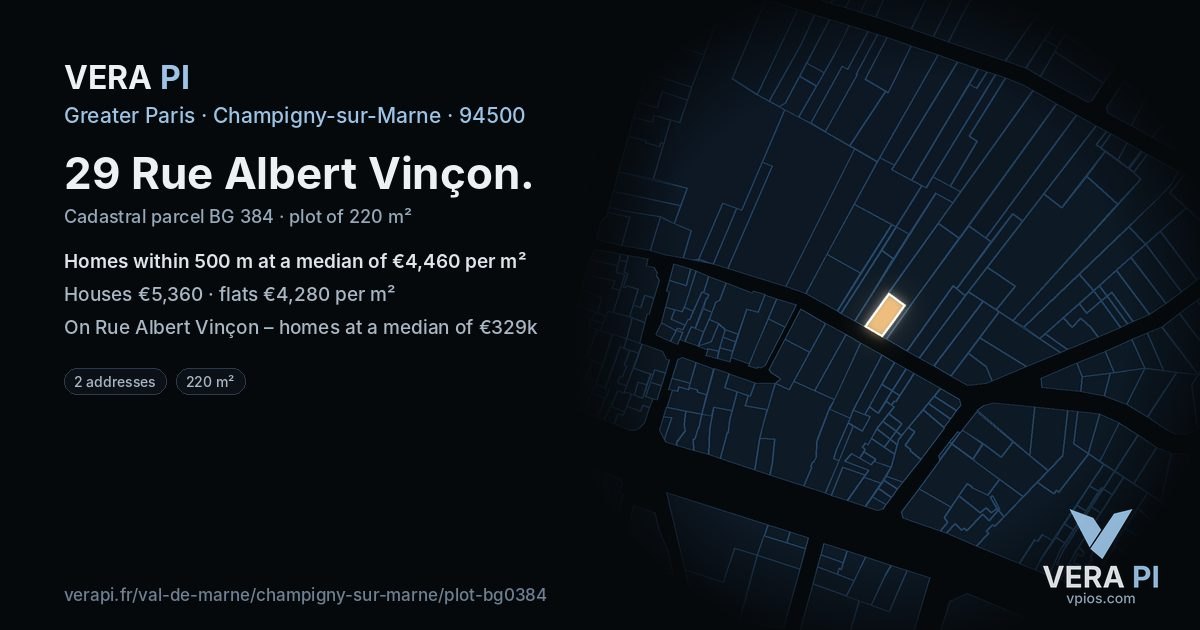 29 Rue Albert Vinçon, Champigny-sur-Marne at night – the plot lit, the parcels around coloured by the prices near them