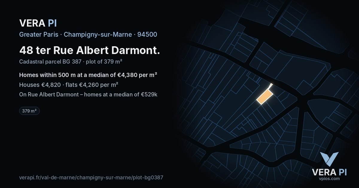 48 ter Rue Albert Darmont, Champigny-sur-Marne at night – the plot lit, the parcels around coloured by the prices near them