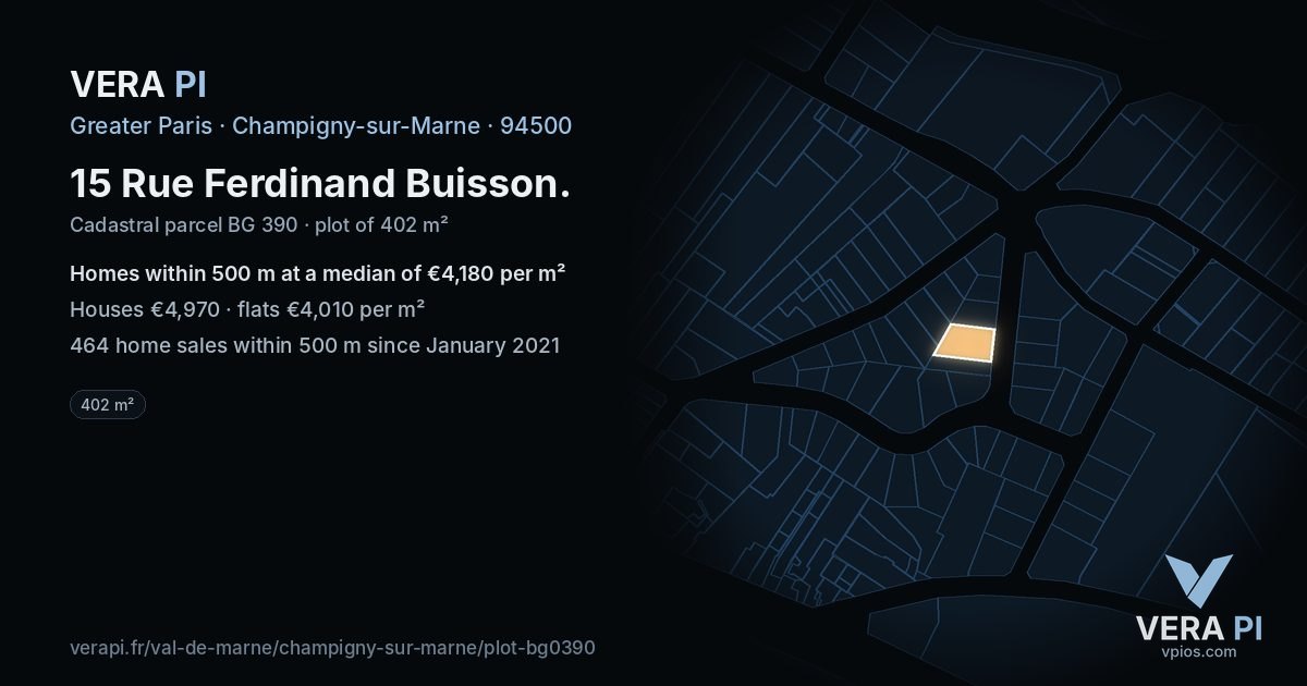 15 Rue Ferdinand Buisson, Champigny-sur-Marne at night – the plot lit, the parcels around coloured by the prices near them