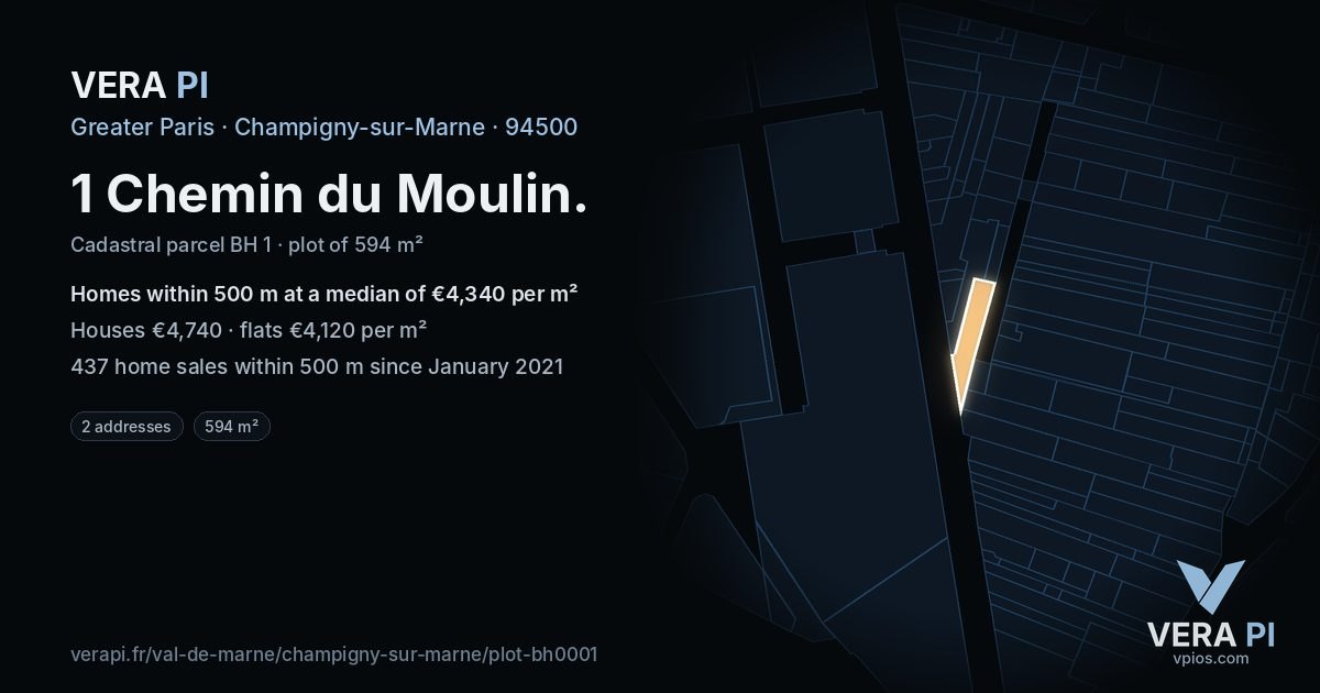 1 Chemin du Moulin, Champigny-sur-Marne at night – the plot lit, the parcels around coloured by the prices near them