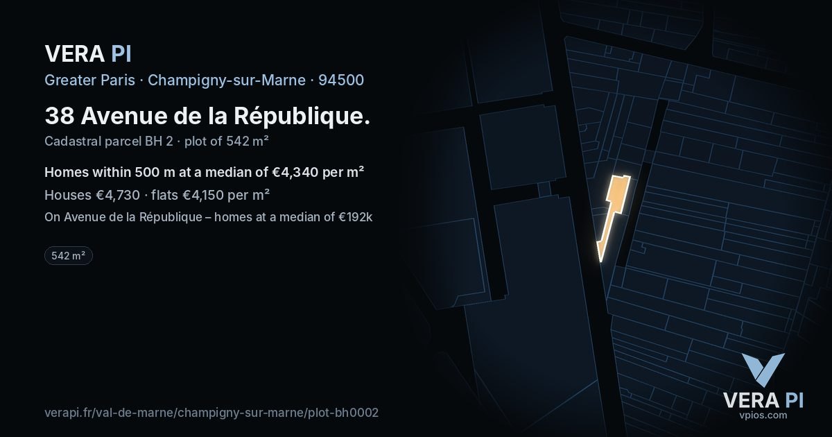 38 Avenue de la République, Champigny-sur-Marne at night – the plot lit, the parcels around coloured by the prices near them