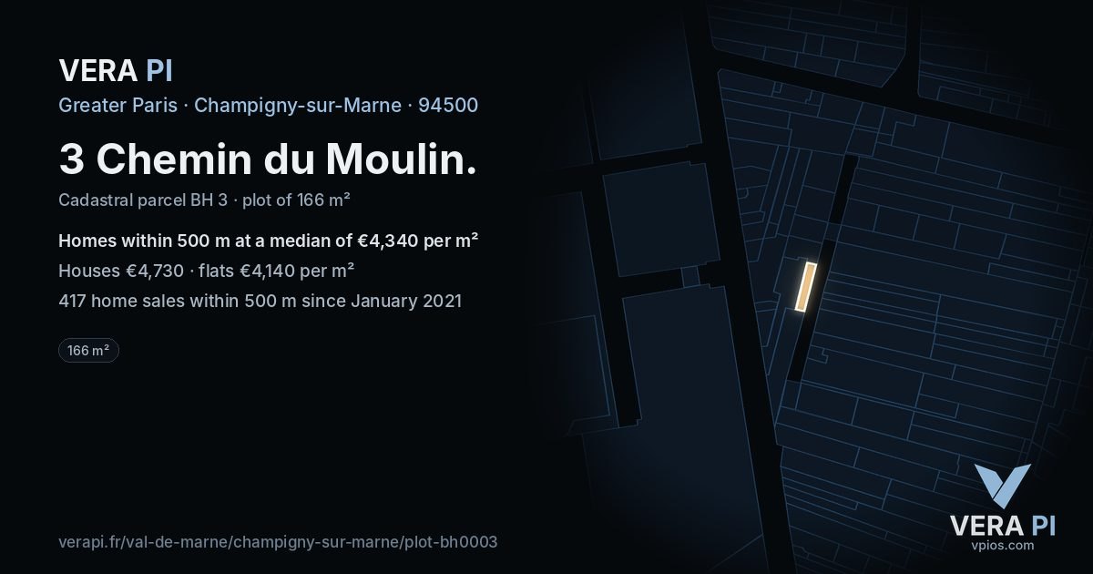 3 Chemin du Moulin, Champigny-sur-Marne at night – the plot lit, the parcels around coloured by the prices near them