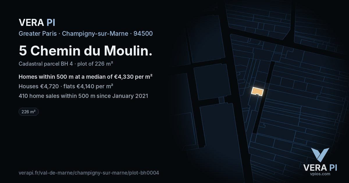 5 Chemin du Moulin, Champigny-sur-Marne at night – the plot lit, the parcels around coloured by the prices near them