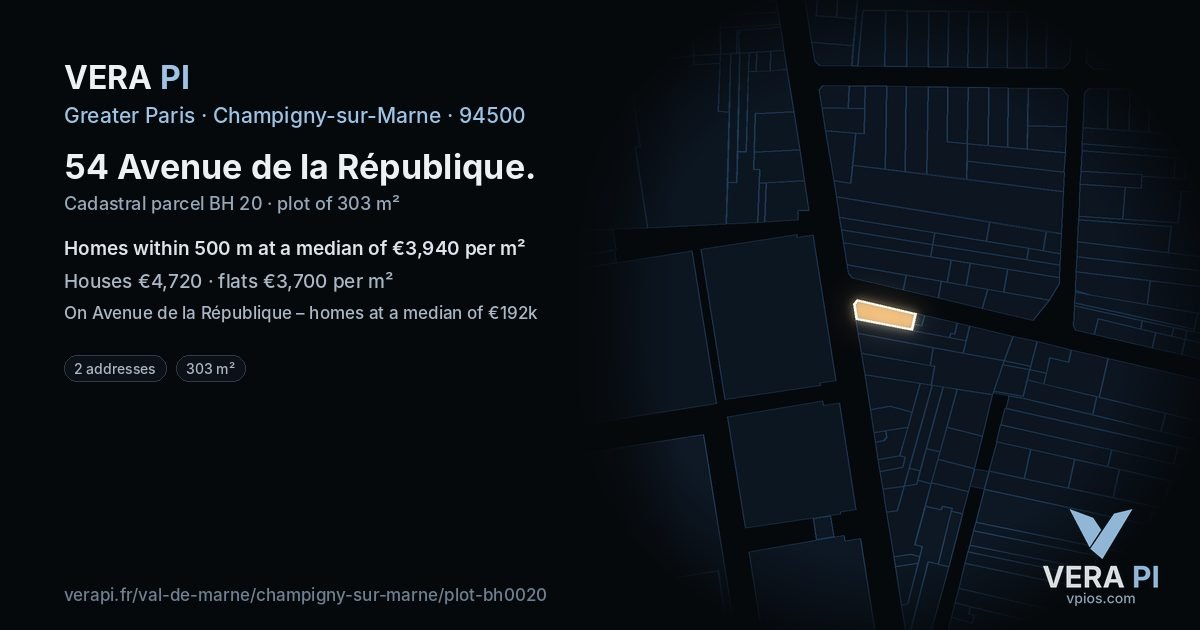 54 Avenue de la République, Champigny-sur-Marne at night – the plot lit, the parcels around coloured by the prices near them