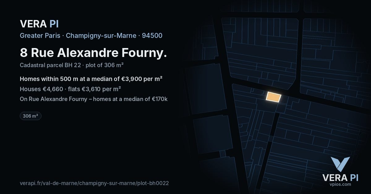 8 Rue Alexandre Fourny, Champigny-sur-Marne at night – the plot lit, the parcels around coloured by the prices near them