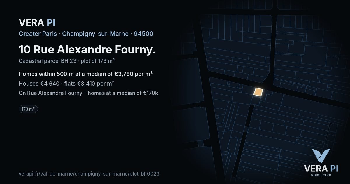 10 Rue Alexandre Fourny, Champigny-sur-Marne at night – the plot lit, the parcels around coloured by the prices near them
