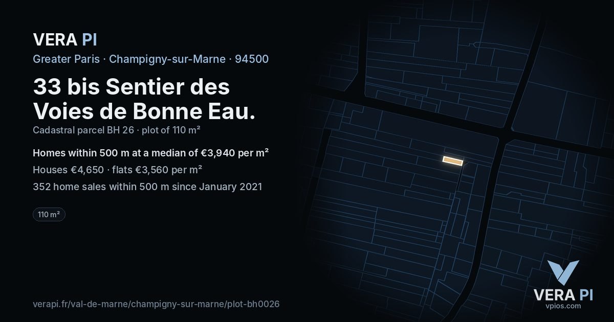 33 bis Sentier des Voies de Bonne Eau, Champigny-sur-Marne at night – the plot lit, the parcels around coloured by the prices near them