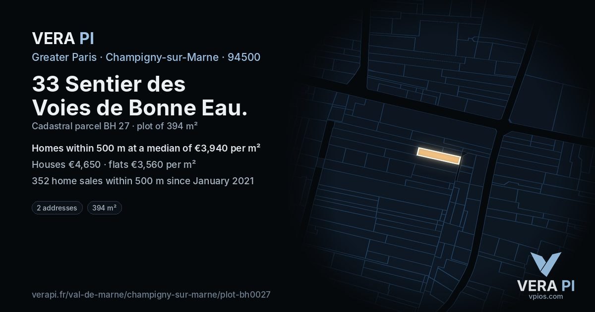 33 Sentier des Voies de Bonne Eau, Champigny-sur-Marne at night – the plot lit, the parcels around coloured by the prices near them