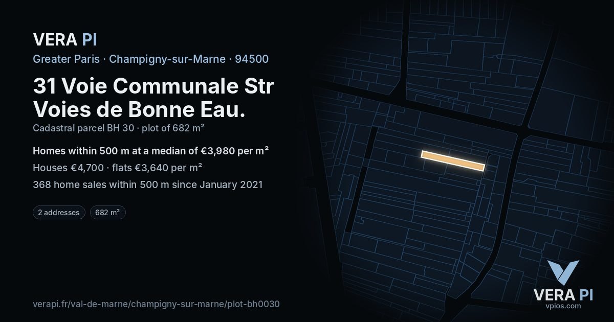 31 Voie Communale Str Voies de Bonne Eau, Champigny-sur-Marne at night – the plot lit, the parcels around coloured by the prices near them