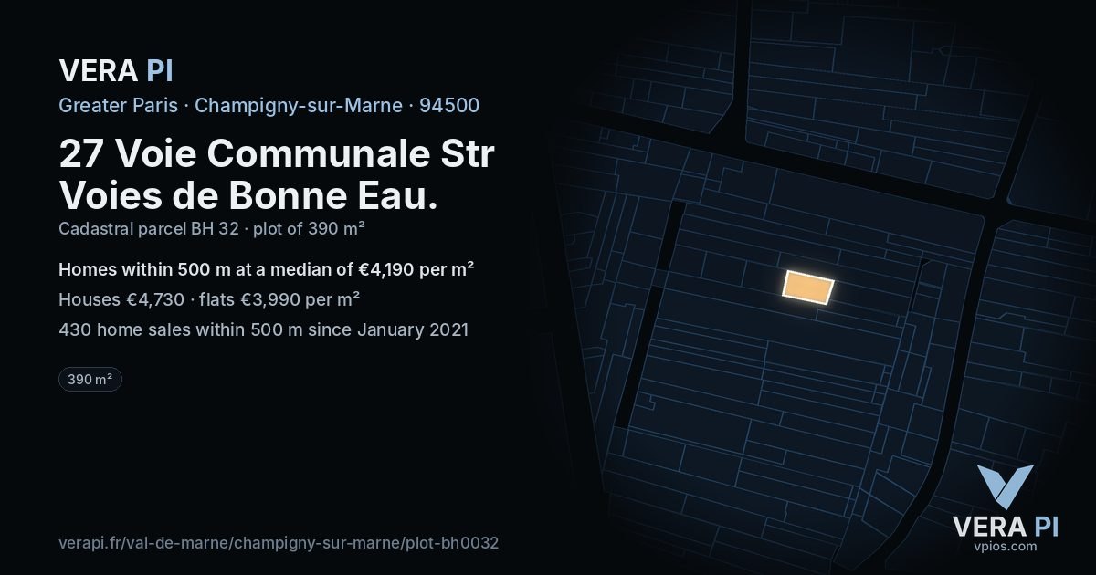 27 Voie Communale Str Voies de Bonne Eau, Champigny-sur-Marne at night – the plot lit, the parcels around coloured by the prices near them