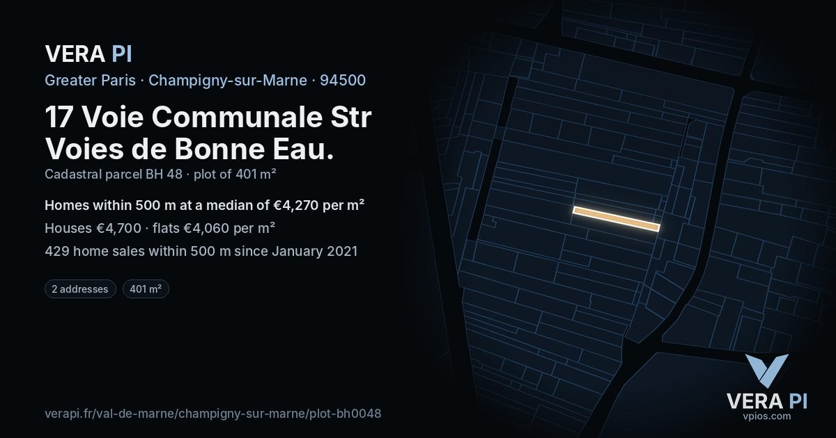 17 Voie Communale Str Voies de Bonne Eau, Champigny-sur-Marne at night – the plot lit, the parcels around coloured by the prices near them