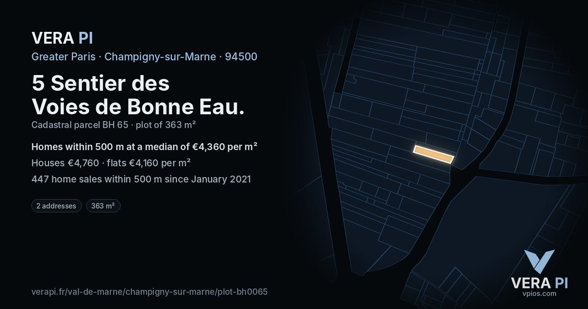 5 Sentier des Voies de Bonne Eau, Champigny-sur-Marne at night – the plot lit, the parcels around coloured by the prices near them