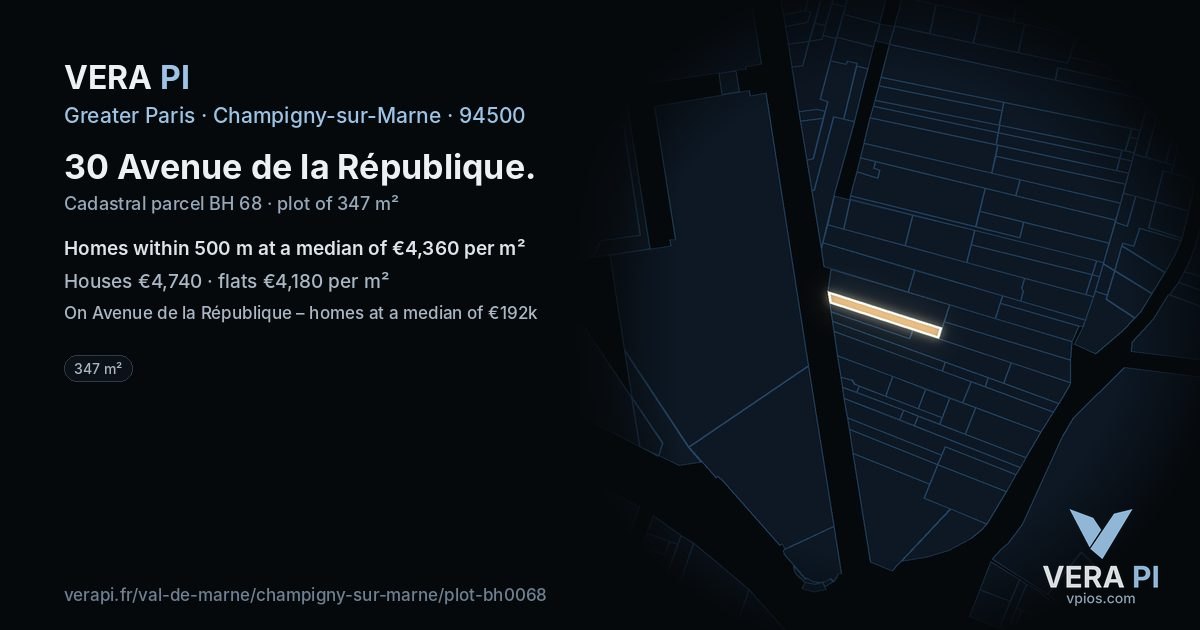 30 Avenue de la République, Champigny-sur-Marne at night – the plot lit, the parcels around coloured by the prices near them