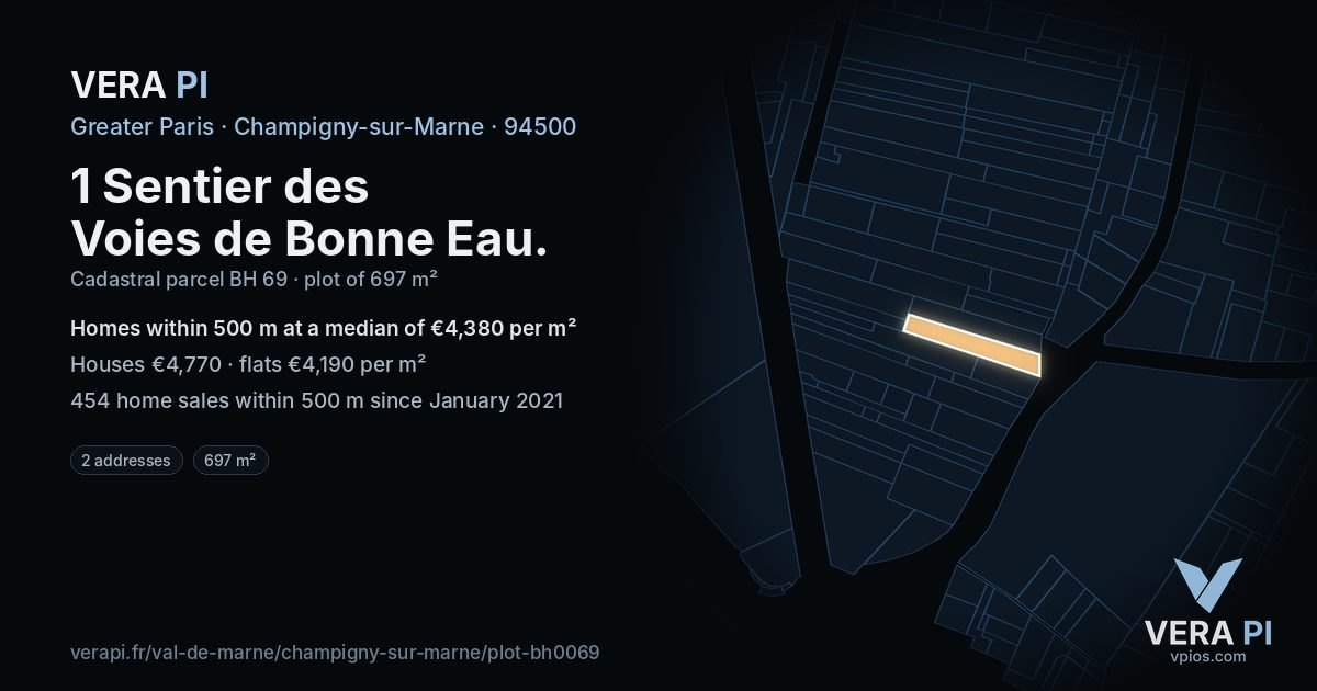 1 Sentier des Voies de Bonne Eau, Champigny-sur-Marne at night – the plot lit, the parcels around coloured by the prices near them
