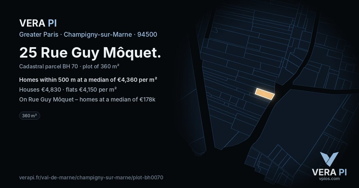 25 Rue Guy Môquet, Champigny-sur-Marne at night – the plot lit, the parcels around coloured by the prices near them