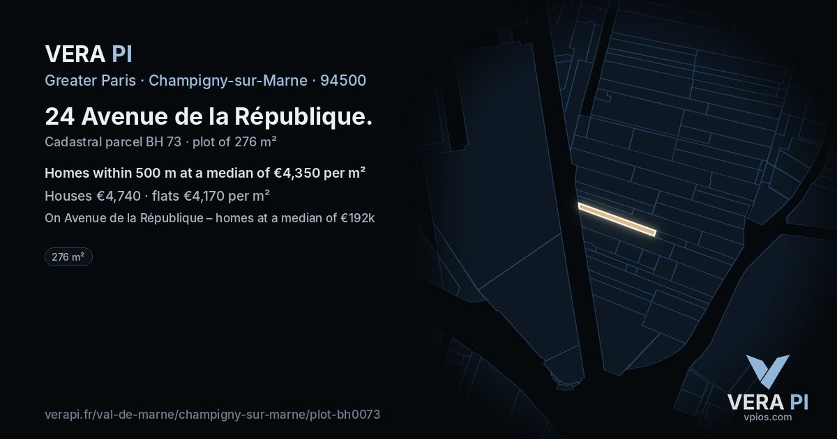 24 Avenue de la République, Champigny-sur-Marne at night – the plot lit, the parcels around coloured by the prices near them