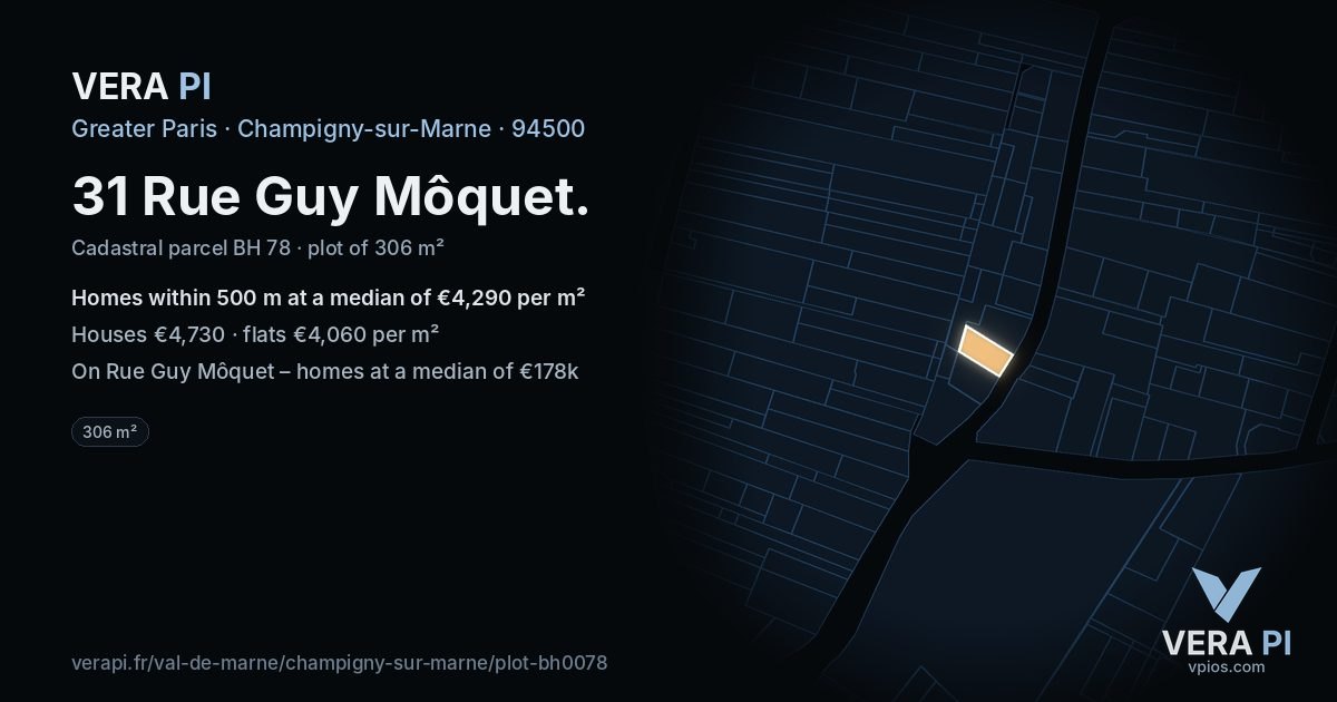 31 Rue Guy Môquet, Champigny-sur-Marne at night – the plot lit, the parcels around coloured by the prices near them