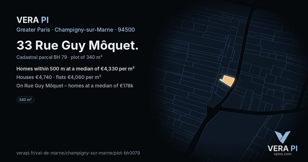 33 Rue Guy Môquet, Champigny-sur-Marne at night – the plot lit, the parcels around coloured by the prices near them