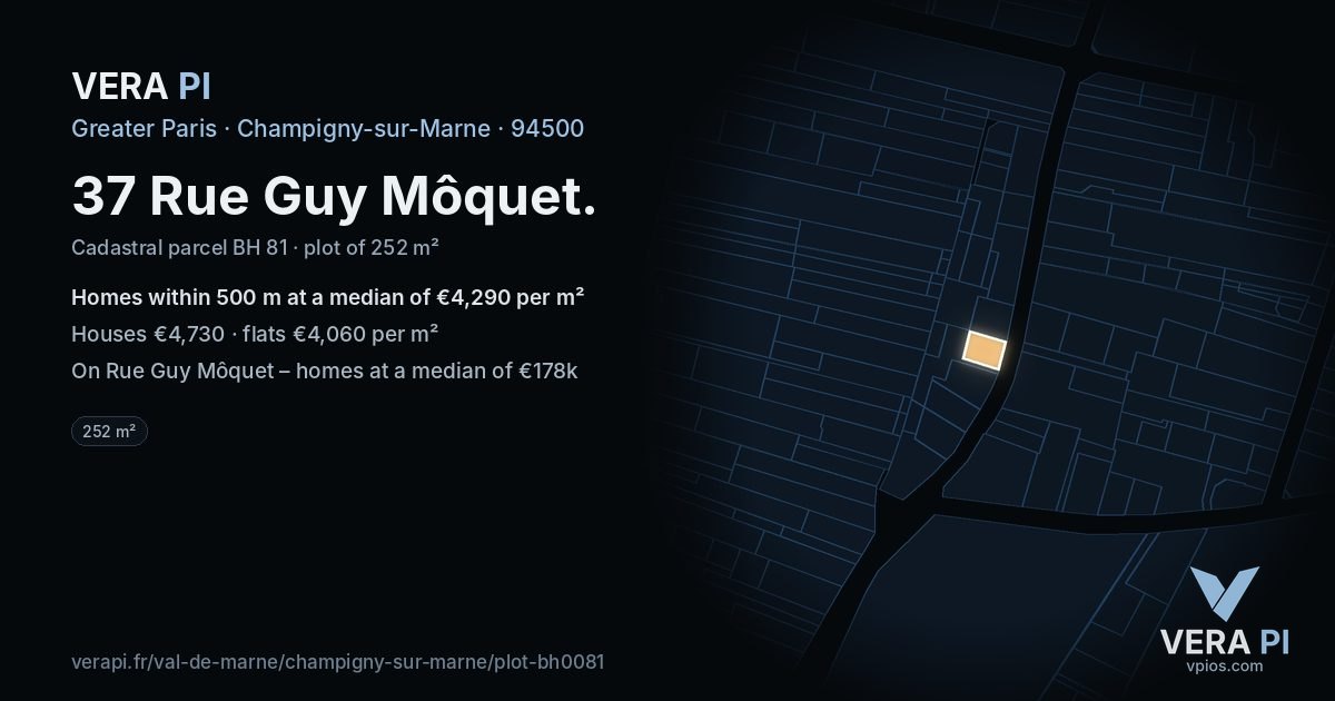 37 Rue Guy Môquet, Champigny-sur-Marne at night – the plot lit, the parcels around coloured by the prices near them