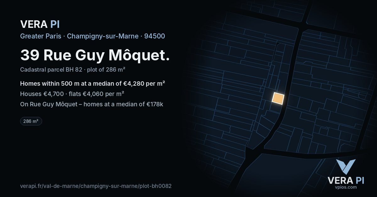 39 Rue Guy Môquet, Champigny-sur-Marne at night – the plot lit, the parcels around coloured by the prices near them