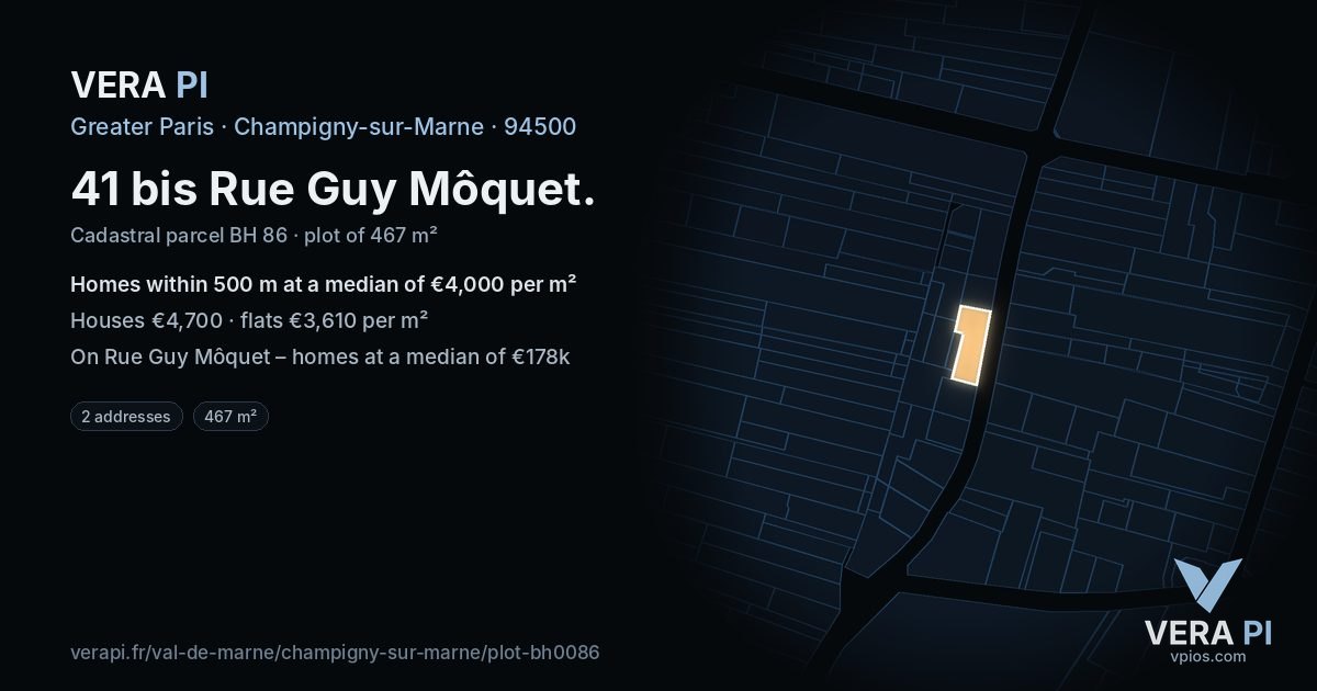 41 bis Rue Guy Môquet, Champigny-sur-Marne at night – the plot lit, the parcels around coloured by the prices near them
