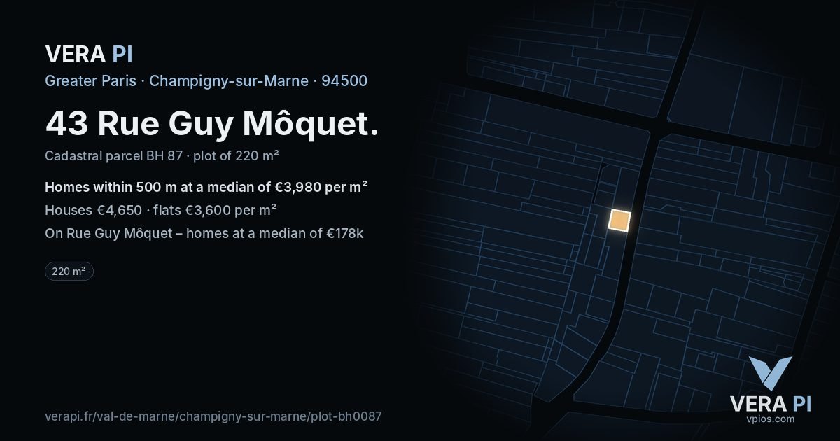 43 Rue Guy Môquet, Champigny-sur-Marne at night – the plot lit, the parcels around coloured by the prices near them